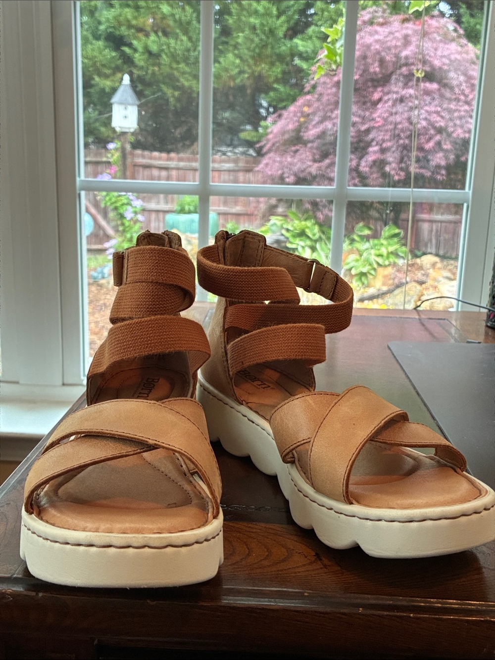 Sale! Cognac-Tan Leather Fabric Upper Elastic Stretchable White Outer Sole 9